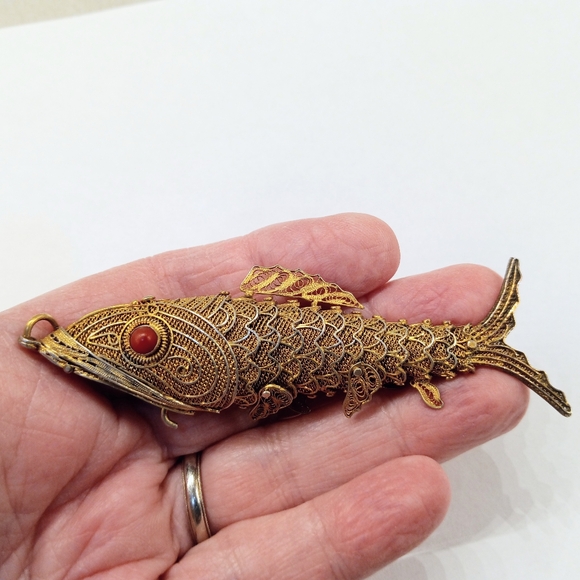 Antique 3 3/8" Articulated Fish Vermeil 800 Silver Chatelaine Perfume Pendant - Picture 5 of 9